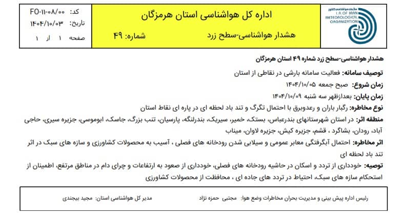 بارش و رعدوبرق در هرمزگان پیش‌بینی شد
